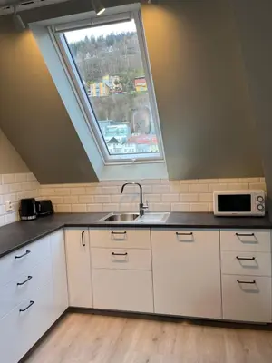 a kitchen with a sink and a window at Kong Oscars Apartments in Bergen