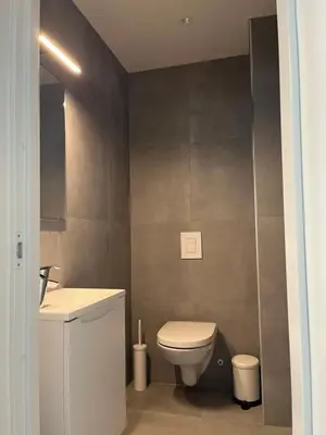 a bathroom with a toilet and a sink at Kong Oscars Apartments in Bergen