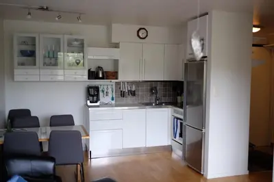 a kitchen with white cabinets and a stainless steel refrigerator at Fjelltun Fritidsleiligheter, leilighet 407 in Geilo