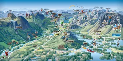 a mural of a mountain range with people on bikes at Storehorn Apartments in Hemsedal
