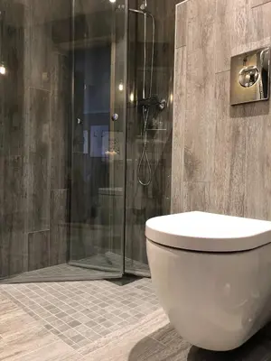 a bathroom with a toilet and a glass shower at Storehorn Apartments in Hemsedal