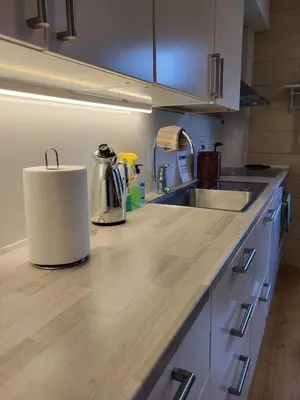 a kitchen counter with a tea kettle on it at Solheim Gard in Stryn