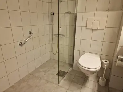a bathroom with a toilet and a glass shower at Olden Fjordhotel in Olden