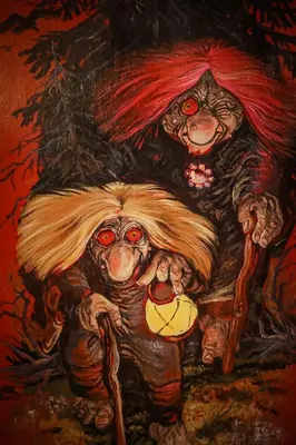 a painting of two women with red eyes at Vesterland Feriepark Hytter, hotell og leikeland in Sogndal