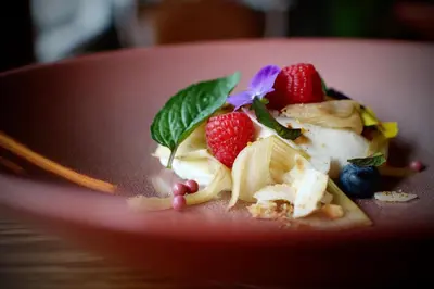 a red plate of food with strawberries and blueberries at Hotel Aurlandsfjord in Aurland