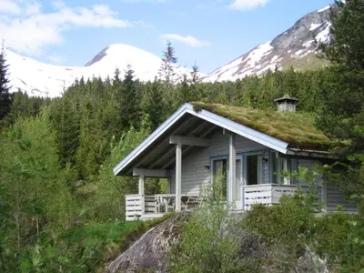 a house with a grass roof with mountains in the background at Jølsterlia Hyttetun in Årdal