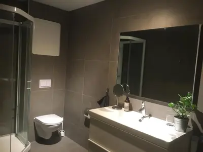 a bathroom with a sink and a toilet and a mirror at Seaside Rentals in Trondheim