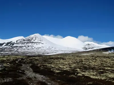 a snow covered mountain in the middle of a field at Rondane Høyfjellshotell in Mysusæter