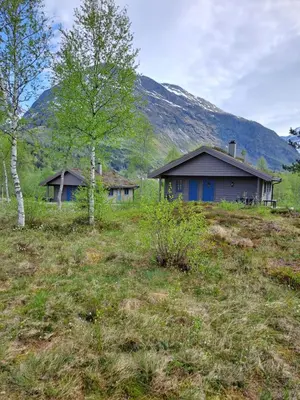 a couple of houses in a field with trees at Stardalen Hyttegrend in Klakegg