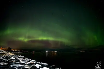 an aurora in the sky over the water at night at Hotel Frøya in Sistranda