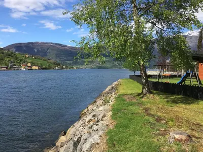 a tree and a playground next to a lake at Olden apartments 1 in Olden