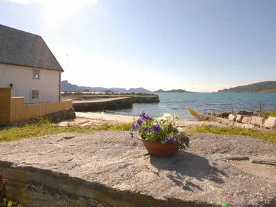 a pot of flowers sitting on a rock next to the water at 6 person holiday home in Åram-By Traum in Sandvik