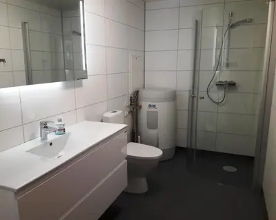 a bathroom with a toilet and a shower and a sink at Hogstul Hytter - Knatten - 3 Bedroom Cottage in Tuddal