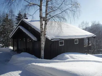 a building covered in snow with a tree in front at Hogstul Hytter - Apartment North in Tuddal