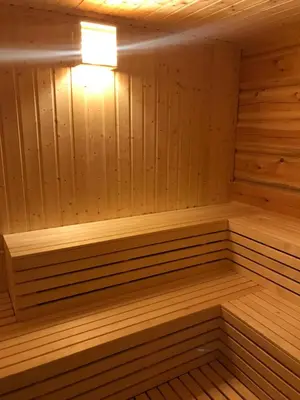 a wooden sauna with a light in it at Camp Dronningkrona in Ålvundeid