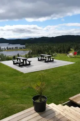 three picnic tables in a field with a view of a lake at Austbø Hotell in Rauland
