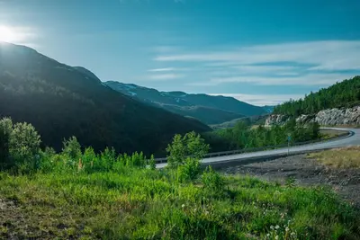 a winding road in a valley with mountains at Maristova apartment 110 in Filefjell