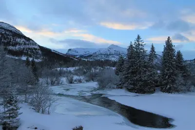 a river in the snow with trees and mountains at Fanitullen Apartments in Hemsedal