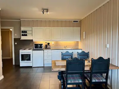 a kitchen with white appliances and a table and chairs at Fanitullen Apartments in Hemsedal