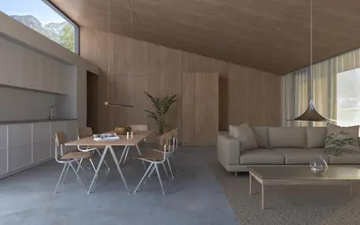 a living room with a couch and a table at Kinsarvik Camping in Kinsarvik