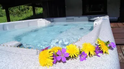 a swimming pool with flowers on the side of it at Torsetlia Cottages and Apartments in Uvdal