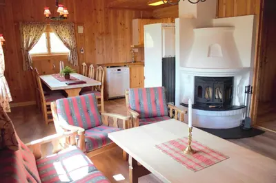 a living room with a table and a fireplace at Torsetlia Cottages and Apartments in Uvdal