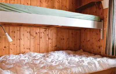 a bed in a wooden walled room with a bunk bed at Stunning Home In Sjusjøen With Kitchen in Sjusjøen