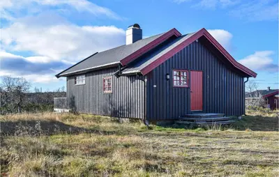 a black and red barn with a red door at Cozy Home In Sjusjøen With Kitchen in Sjusjøen