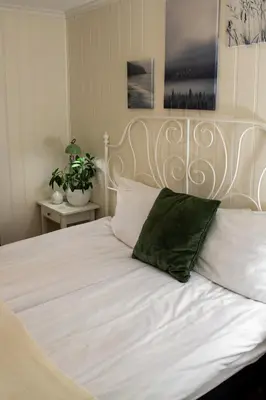 a white bed with a green pillow on it at Fjellhagen in Bjørkheim