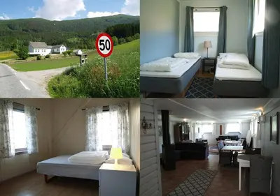 a collage of pictures of a room with two beds at 5 bedrooms, large apartment with nice view and nature in Herand