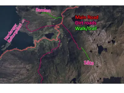 a map of the main road dirt roads and walking trail at 5 bedrooms, large apartment with nice view and nature in Herand