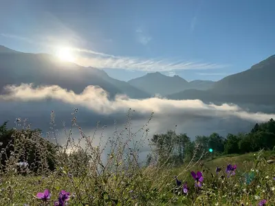 a view of a foggy valley with the sun in the background at Olden Fjord Apartments in Olden