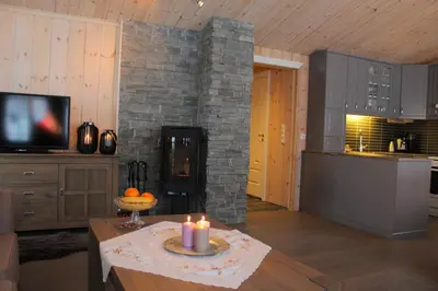a living room with a fireplace and a table with candles at Bergestua - 4 bedroom cabin in Gol