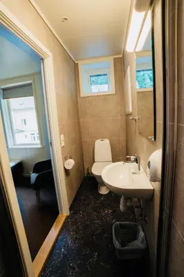 a bathroom with a white toilet and a sink at Gudvangen Budget Hotel in Gudvangen