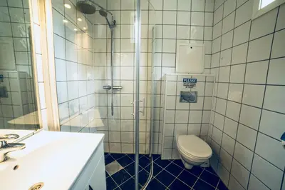a bathroom with a shower and a toilet and a sink at Gudvangen Budget Hotel in Gudvangen