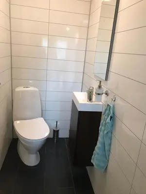 a bathroom with a toilet and a sink and a mirror at Josygaard in Austefjorden