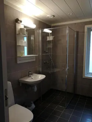 a bathroom with a sink and a shower and a toilet at Dombåstun Motel in Dombås
