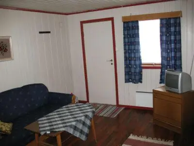 a living room with a couch and a tv at Seljestad Cottages in Skare