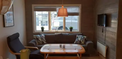 a living room with a couch and a table at Oppdal Alpintun, Stølen øvre - ski in ski out in Oppdal