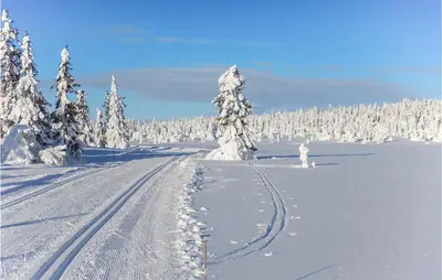 a snow covered road with snow covered trees in the distance at Three-Bedroom Holiday Home In Sjusjoen in Sjusjøen