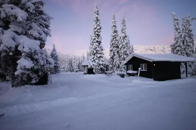 a cabin in the snow with snow covered trees at Haglebu Feriesenter in Eggedal