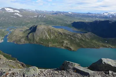 an aerial view of a lake on a mountain at Northern gate Besseggen - Cottage no 17 in Besseggen Fjellpark Maurvangen in Maurvangen