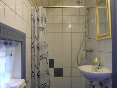 a bathroom with a sink and a shower at Hagaled Gjestegård in Nesbyen