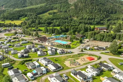 an aerial view of a campground in the mountains at First Camp Gol Hallingdal in Gol