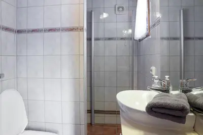 a bathroom with a toilet and a sink and a shower at Camp Uvdal in Uvdal