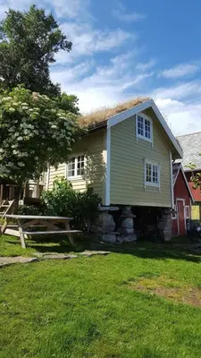 a yellow house with a tree in the yard at Tiny house with Fjordview! in Lauvstad