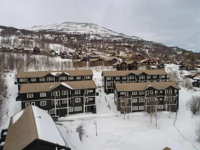 an aerial view of a town in the snow at Oppdal Alpintun Stølen ski in - ski out in Oppdal