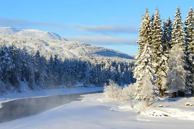 a winter scene of a river with snow covered trees at Trysil Motell & Vandrerhjem in Trysil