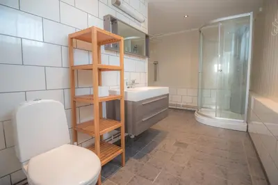 a bathroom with a toilet and a sink and a shower at Fjelltun 12-Sengs in Trysil