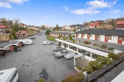 arial view of a parking lot with cars parked at Midttun Motell & Camping AS in Bergen
